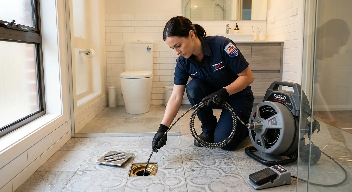 Technician clearing a bathroom floor drain for Sewer Line Replacement in East Fallowfield